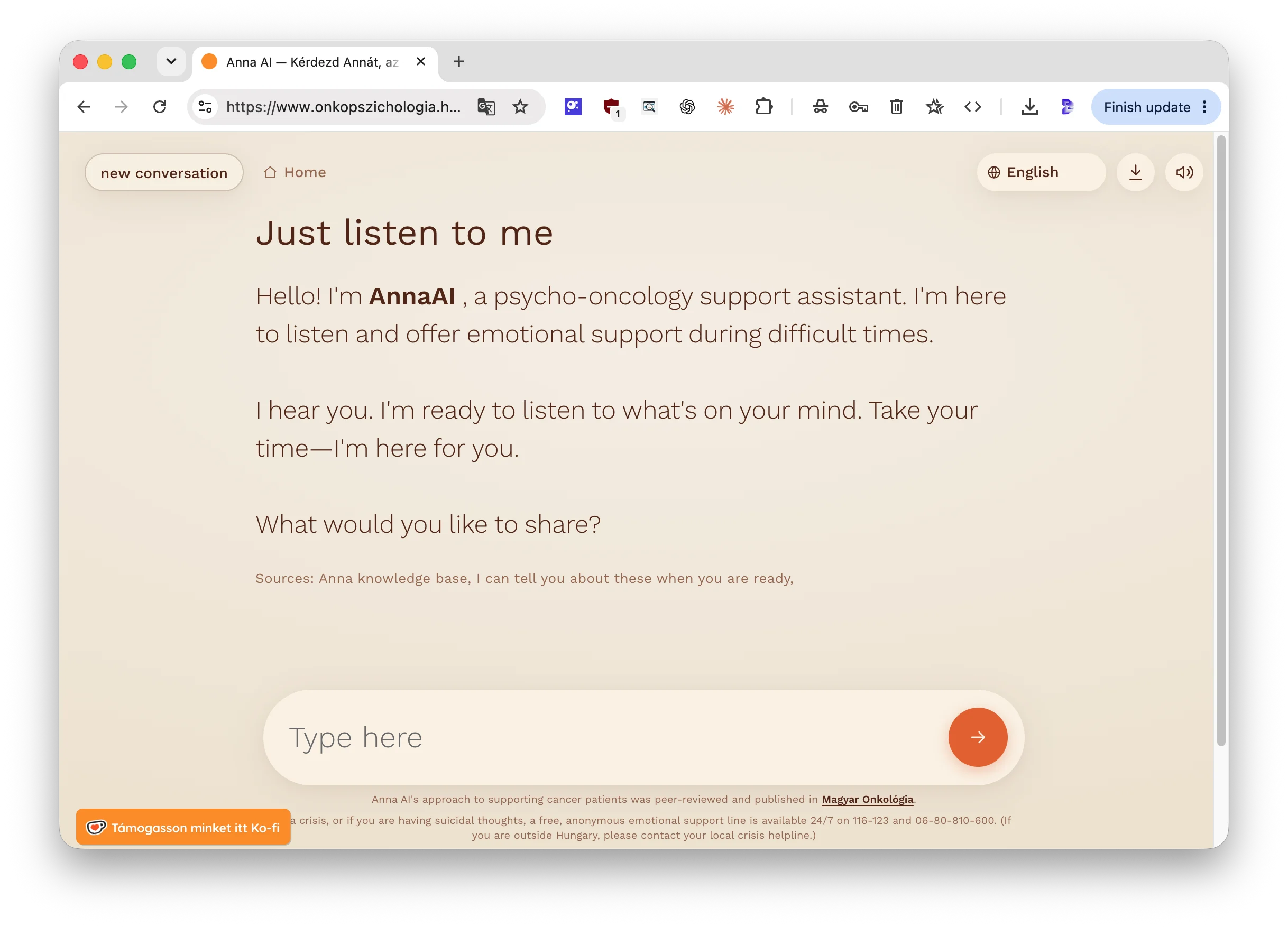 Anna AI psycho-oncology support conversation interface