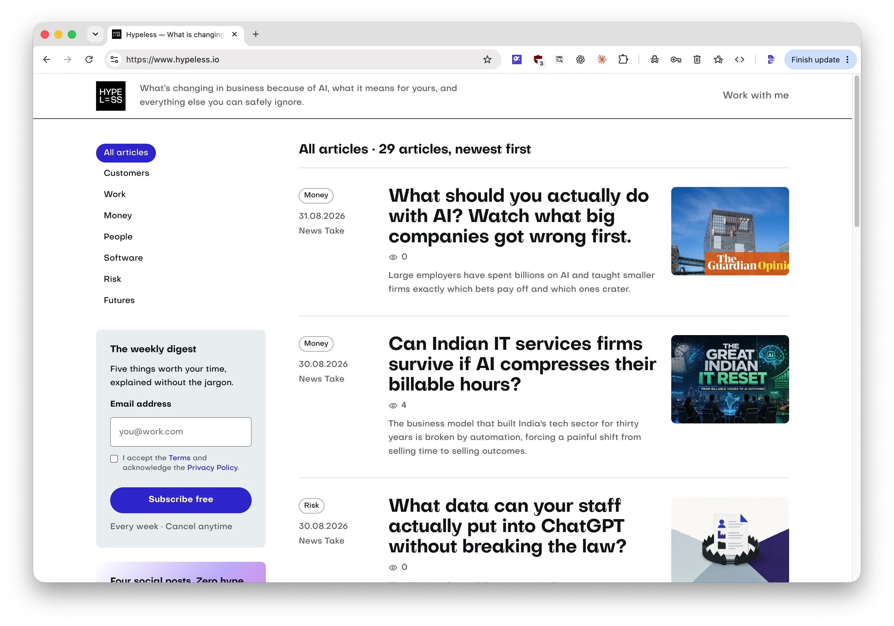 Hypeless magazine index with plain-English articles and subject navigation