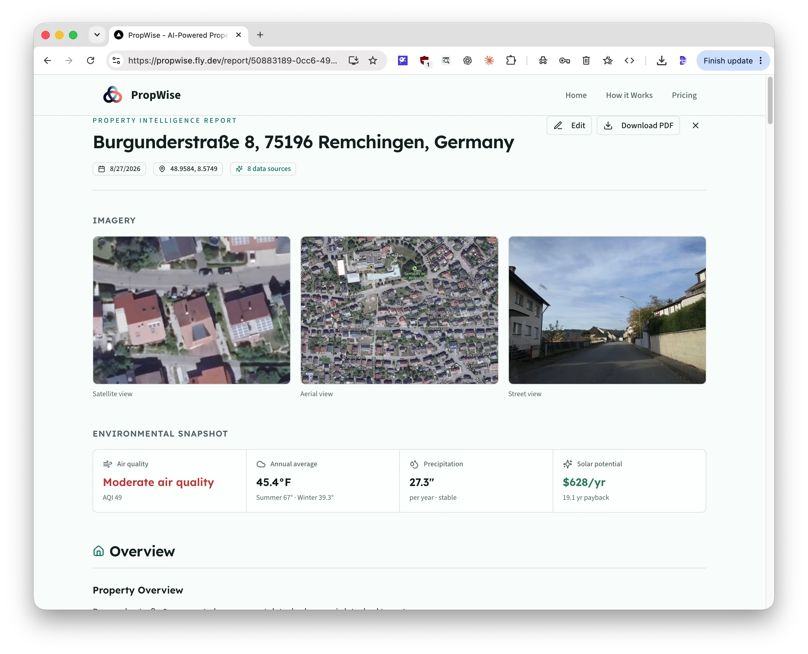 PropWise property-analysis interface with satellite, street-level, map, and report views